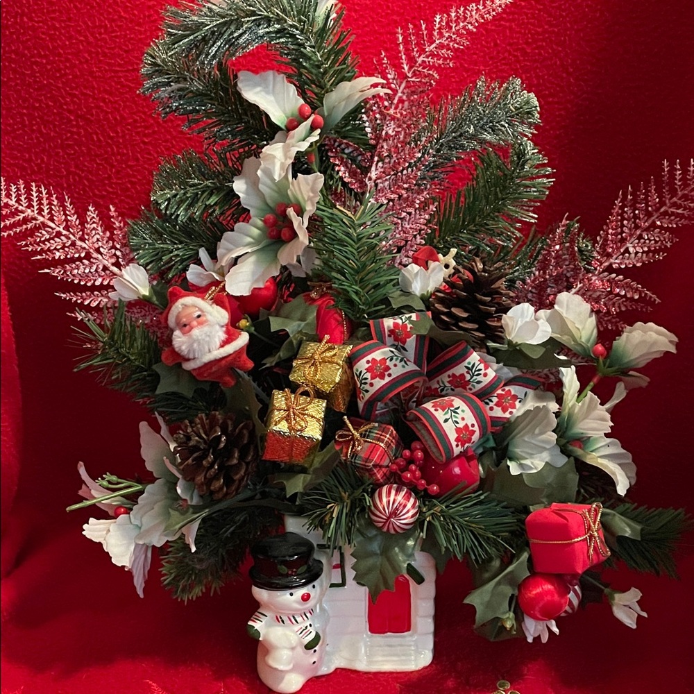 Vintage Snowman Planter Holiday Greenery Arrangement Festive Table Display